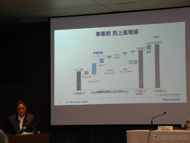 パナソニックの2017年度第1四半期決算を説明する梅田博和CFO