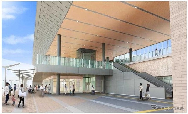 橋上化後の岩国駅西口エントランスのイメージ。1階部分は、岩徳線や錦川鉄道が発着する0・1番ホームに接する。