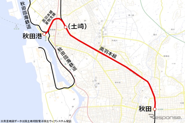 クルーズ船に接続する旅客列車の運行区間（赤）。秋田港駅から土崎駅までは貨物線を走る。