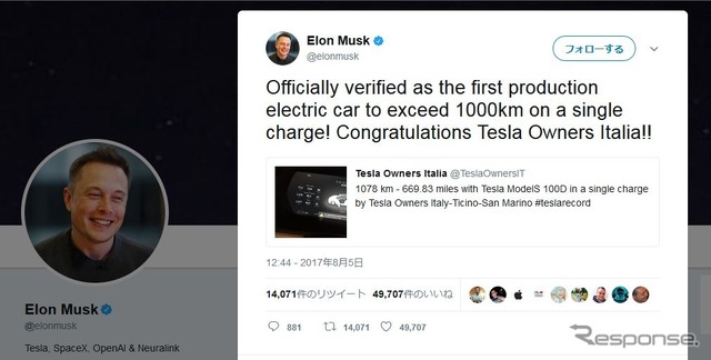 テスラ・オーナーズ・イタリアに祝福のメッセージをツイートしたイーロン・マスクCEO