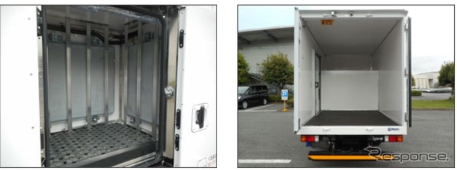 左：蓄冷板を搭載した車載保冷スペース　右：車載保冷スペースの形状を変えたことで荷台の棚を有効に使えるようになった
