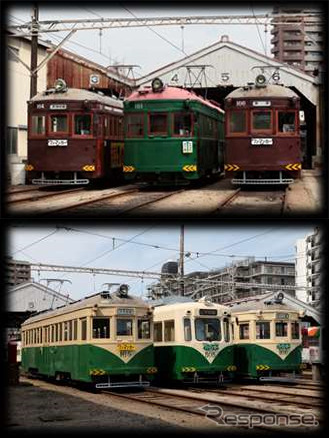 現役最古のモ161形(上)と金太郎塗り車両(下)が勢揃いする阪堺のラインナップツアー。