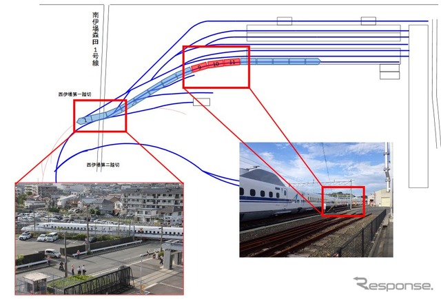 脱輪は半径200mの急曲線上で発生し、編成前部の2号車が浜松市の市道・南伊場森田1号線上にある西伊場第一踏切を塞ぎ、一時市道が通行止めとなった。