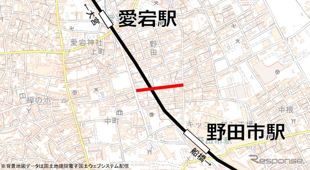 アーバンパークラインの愛宕～野田市間。東町通り（赤）で通行規制が行われる。