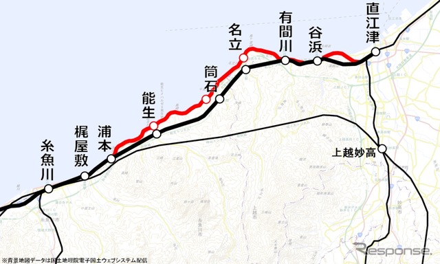 北陸本線（現・日本海ひすいライン）直江津～糸魚川間の新線（黒太）と旧線（赤）。一部ルートが異なるが久比岐自転車道の大半は旧線の跡地を活用している。