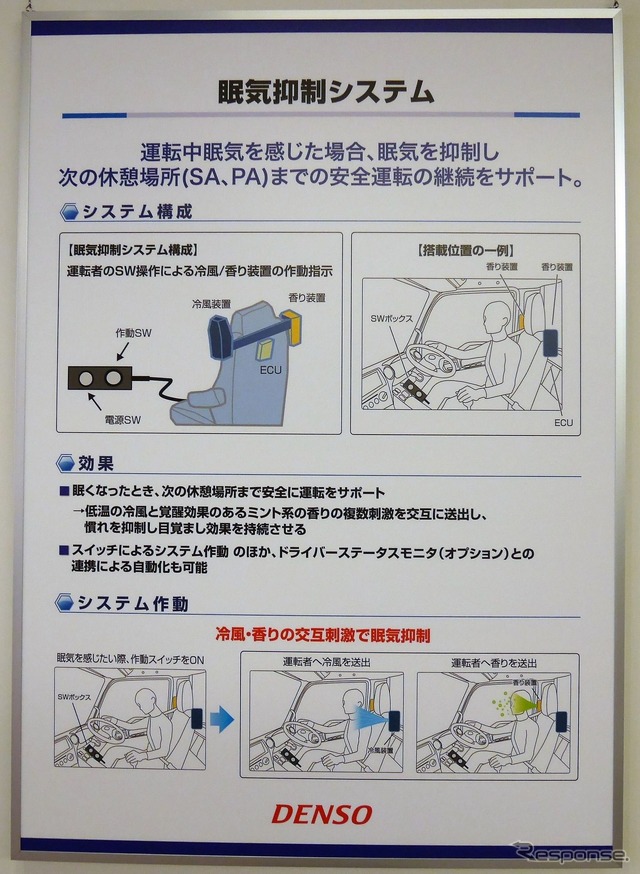 セミナーではフリート向けサービスの展示もされている。これはスイッチを押すと冷風やミントの香りを噴出し眠気を防止するというもの。