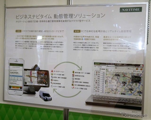 スマートフォンでフリートの動態管理が可能なナビタイムジャパンのサービスも展示されている。