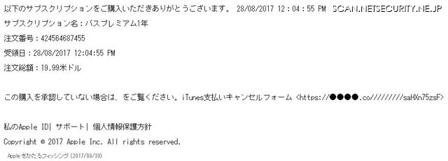確認されたフィッシングメール