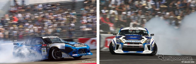 Team TOYO TIRES DRIFT(左)藤野秀之選手、(右)川畑真人選手のレース風景