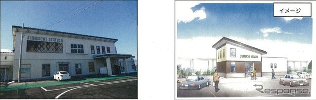 占領下の時代を色濃く残す旧駅舎（左）と、改築後の新駅舎のイメージ（右）。