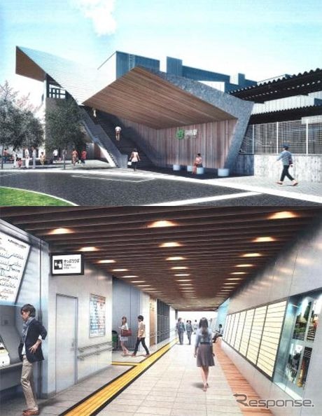 橋上化される羽鳥駅(西口)駅舎(上)と、駅舎内(下)のイメージ。