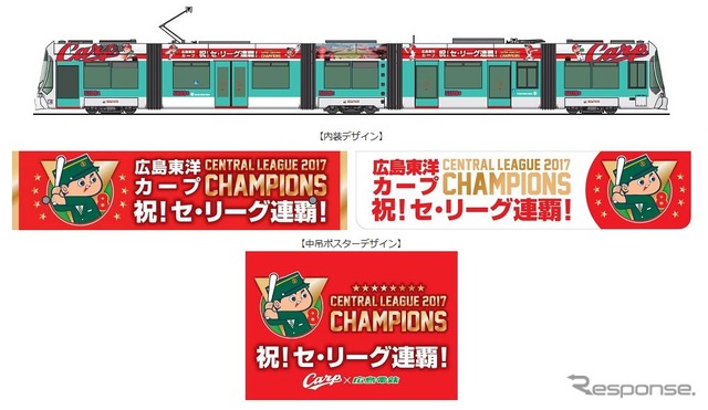 「グリーンムーバーマックス」による優勝記念ラッピング電車（上）とその内装デザイン（中）、中吊りポスターデザイン（下）