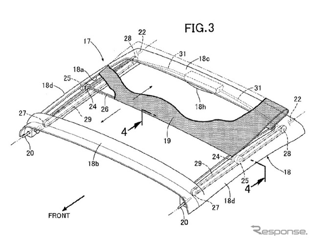 ホンダアクセスが米特許商標庁に特許申請しているタルガトップルーフ構造の図