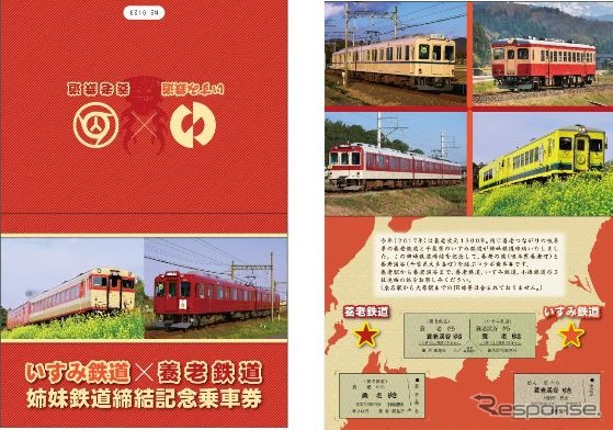 姉妹鉄道協定締結記念乗車券の台紙表面(左)と裏面(右)。養老鉄道の養老~桑名間片道硬券乗車券と、いすみ鉄道・小湊鐵道の大原~養老渓谷間片道硬券乗車券がセットになっている。発売額は1500円で、いすみ鉄道は大多喜・国吉・大原の各駅、養老鉄道は大垣・西大垣・養老の各駅で発売。
