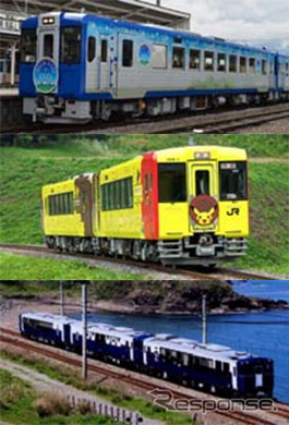 今回の尾久車両センターのイベントで展示される観光列車。上から『HIGH RAIL 1375』『POKEMON with YOU トレイン』『越乃Shu＊Kura』。