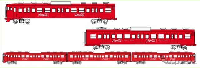 復刻される115系「コカ・コーラ」色のイメージ。1987年に登場した「コカ・コーラ」色の115系は、現在、しなの鉄道で運用されている「イイヅナ」のラッピングが施されているS11編成だった。復刻されるのは色のみで、「コカ・コーラ」のロゴとキャッチコピーは現行のものが使われる。