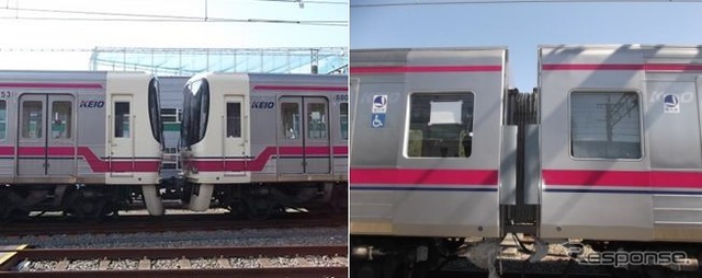 8000系先頭車の中間車化の改造前（左）と改造後（右）。