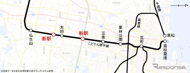 ことでん琴平線で計画されている高松市内の新駅(赤)。今回入札されるのは三条~太田間に計画された新駅の駅舎新築工事になる。