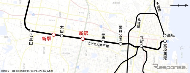 ことでん琴平線で計画されている高松市内の新駅（赤）。今回入札されるのは三条～太田間に計画された新駅の駅舎新築工事になる。