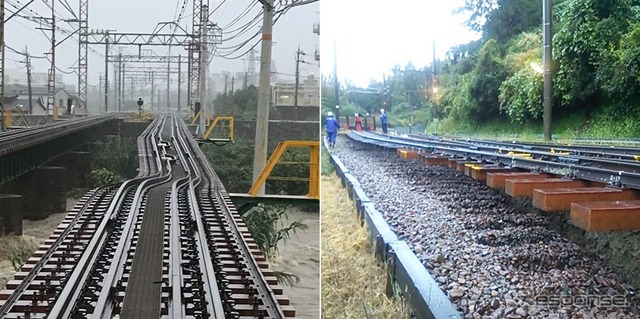 南海電鉄が公表した男里川橋りょう(10月22日)と上古沢駅付近(10月23日)の被害状況。