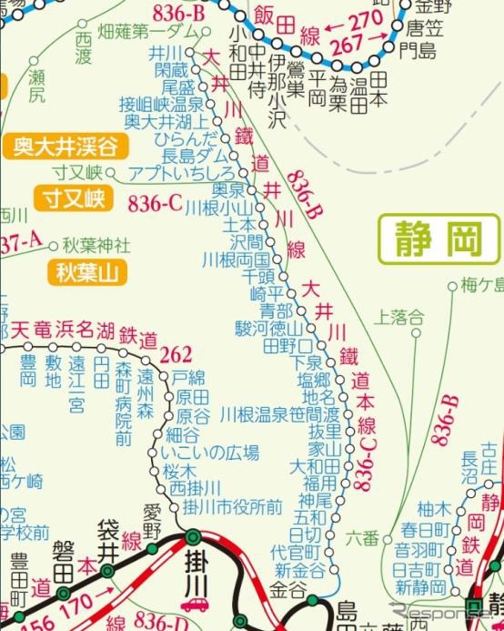 リニューアル後の索引地図。大井川鐵道は一部の駅のみ掲載していたが、今回のリニューアルで全駅掲載に変わった。