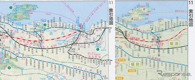 索引地図（11P）のリニューアル前（左・2016年2月号）とリニューアル後（右・2017年11月号）。分割地点が変更され、新潟駅付近は次のページに移った。