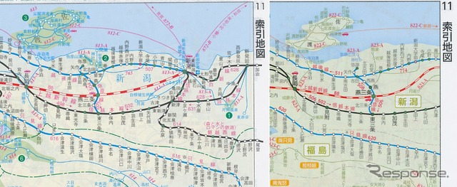 索引地図(11P)のリニューアル前(左・2016年2月号)とリニューアル後(右・2017年11月号)。分割地点が変更され、新潟駅付近は次のページに移った。