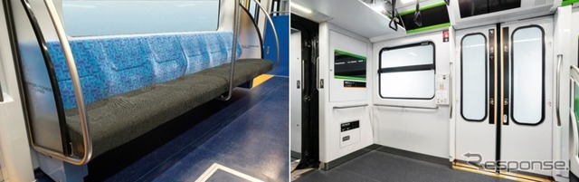 増備車の車内イメージ。座席は全てロングシート(左)とし、車椅子・フリースペース(右)を全ての車両に設ける。