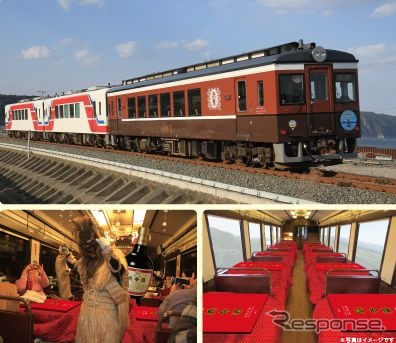 こたつが温かみのある真っ赤な「養命酒カラー」となる今年の「こたつ列車」。車内では岩手県沿岸北部の伝統で、秋田県の「なまはげ」に似た「なもみ」が登場。絶景ポイントでは列車を停止させるサービスも。「こたつ列車」の車両は36ーZ1「さんりくはまかぜ」(写真上の先頭車両)で、久慈発は通常列車に併結。折返しの宮古発は「さんりくはまかぜ」のみの臨時列車として運行される。
