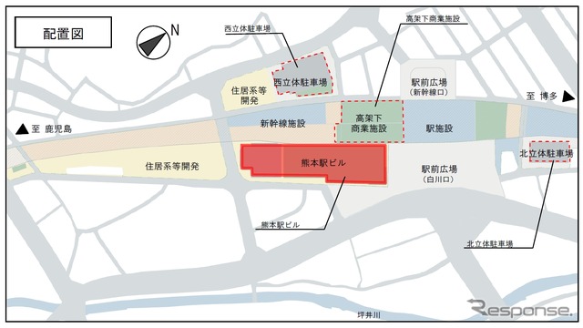 熊本駅周辺の開発計画により整備される施設の位置。駅ビルは白川口の南側に建設される。