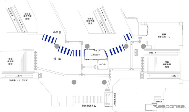 大和駅の構内図。青で塗られた部分に改札機が設置される。