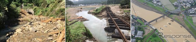 豪雨と台風で被災した日豊本線(左)・日田彦山線(中央)・久大本線(右)。日豊本線は12月下旬、久大本線は2018年夏に再開の見込みだ。