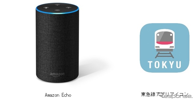 東急は「東急線アプリ」(右)の機能を拡充する形でAlexaに対応。「Amazon Echo」(左)などの音声操作デバイスに話しかけると運行情報が音声で案内される。