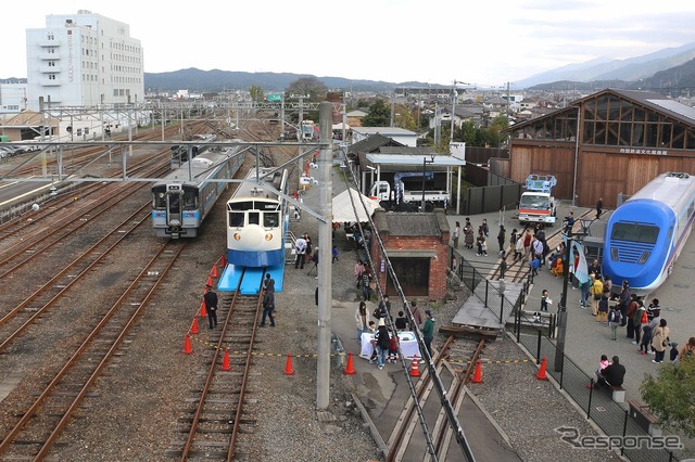 当日のイベントの様子。鉄道歴史パークの脇の線路に「実物大プラレール」を設置した。