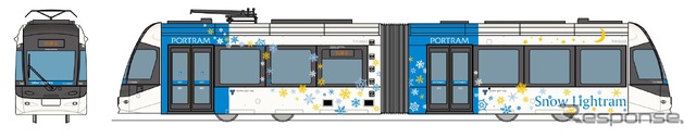 青いアクセントカラーを付けたTLR0600形0606編成が使用される「Snow Lightram」。