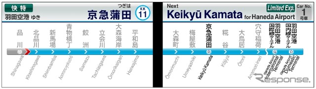 ドア上の情報案内装置は2画面一体型を採用。路線図を見やすくする。