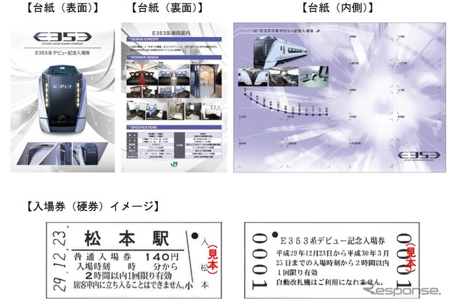 「E353系デビュー記念入場券」の台紙(上)と硬券入場券のイメージ(下)。台紙には、裏面にインテリア、内側に運転台の写真が掲載されている。