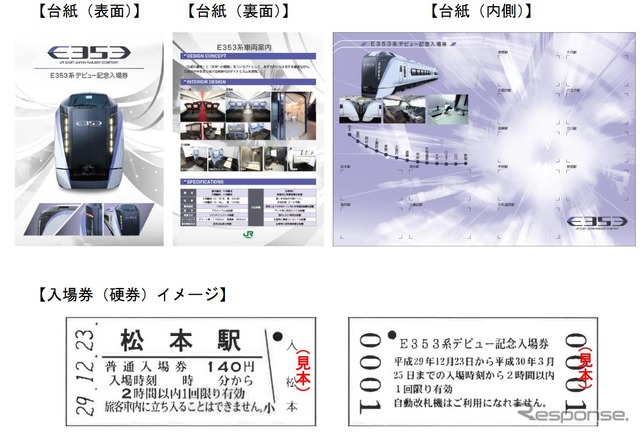 「E353系デビュー記念入場券」の台紙（上）と硬券入場券のイメージ（下）。台紙には、裏面にインテリア、内側に運転台の写真が掲載されている。