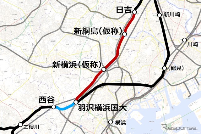 神奈川東部方面線のルート。西谷方の相鉄・JR直通線（青）と日吉方の相鉄・東急直通線（赤）で構成される。