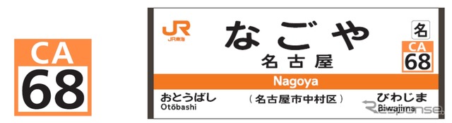 駅ナンバリングの表記例（左）。ホームの駅名標（右）などで使用する。