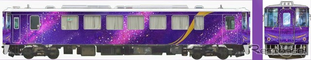 観光列車用HOT3521号のラッピングイメージ。智頭急行ではこのラッピングで「話題性を高め、『移動手段』から一歩進んだ記念撮影などの『観光行動』にいざなって、顧客満足度の向上を図ります」としている。