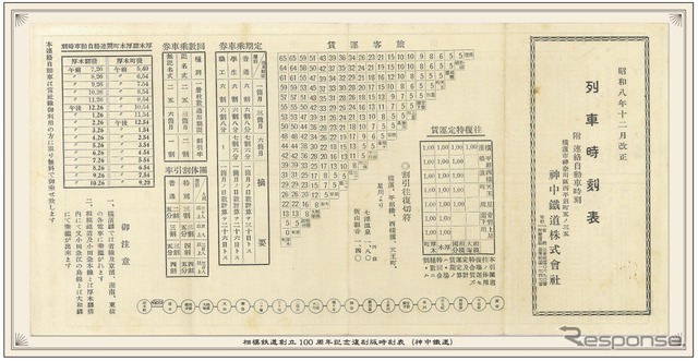 神中鉄道時代の時刻表や路線図が付く。画像は時刻表。