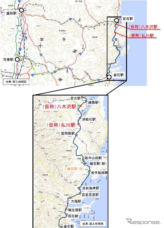 山田線海岸区間の宮古市内に新設される2駅の位置。