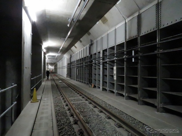 下北沢駅から世田谷代田駅に向けて緩行線トンネルを歩く。開削トンネルのため四角い形状だ。