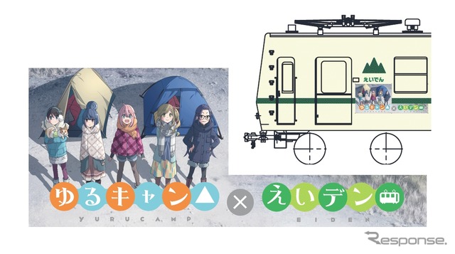 「ゆるキャン△」ラッピング車のイメージ（右）。721号の車体側面などがキャラクターのイラスト（左）で装飾される。