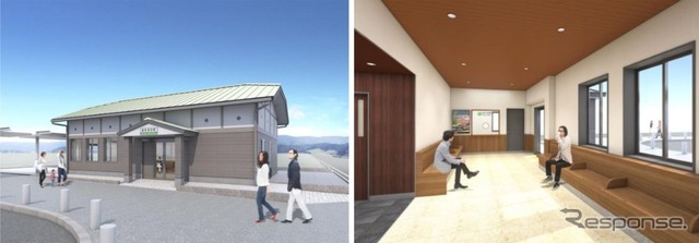 リニューアルされるBRT陸前高田駅の外観(左)と内装(右)。