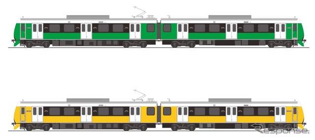第3編成（上）と第4編成（下）のイメージ。緑はお茶、黄色はミカンをイメージしている。