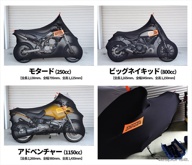 ストレッチモーターサイクルカバーのバイクサイズ別の収納イメージ