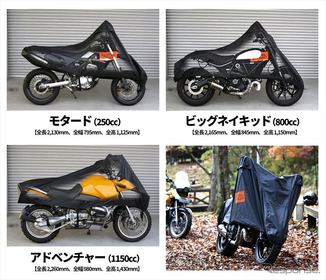 モーターサイクルハーフカバーのバイクサイズ別収納イメージ