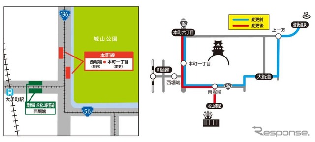 「本町線」の変更後ルート(右)と改称される西堀端停留場の位置(左)。